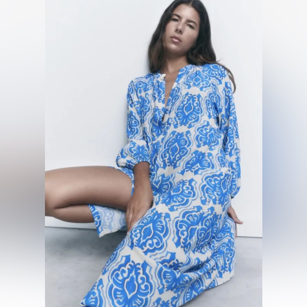 Zara Blue and White Patterned Dress - Picture 7 of 10